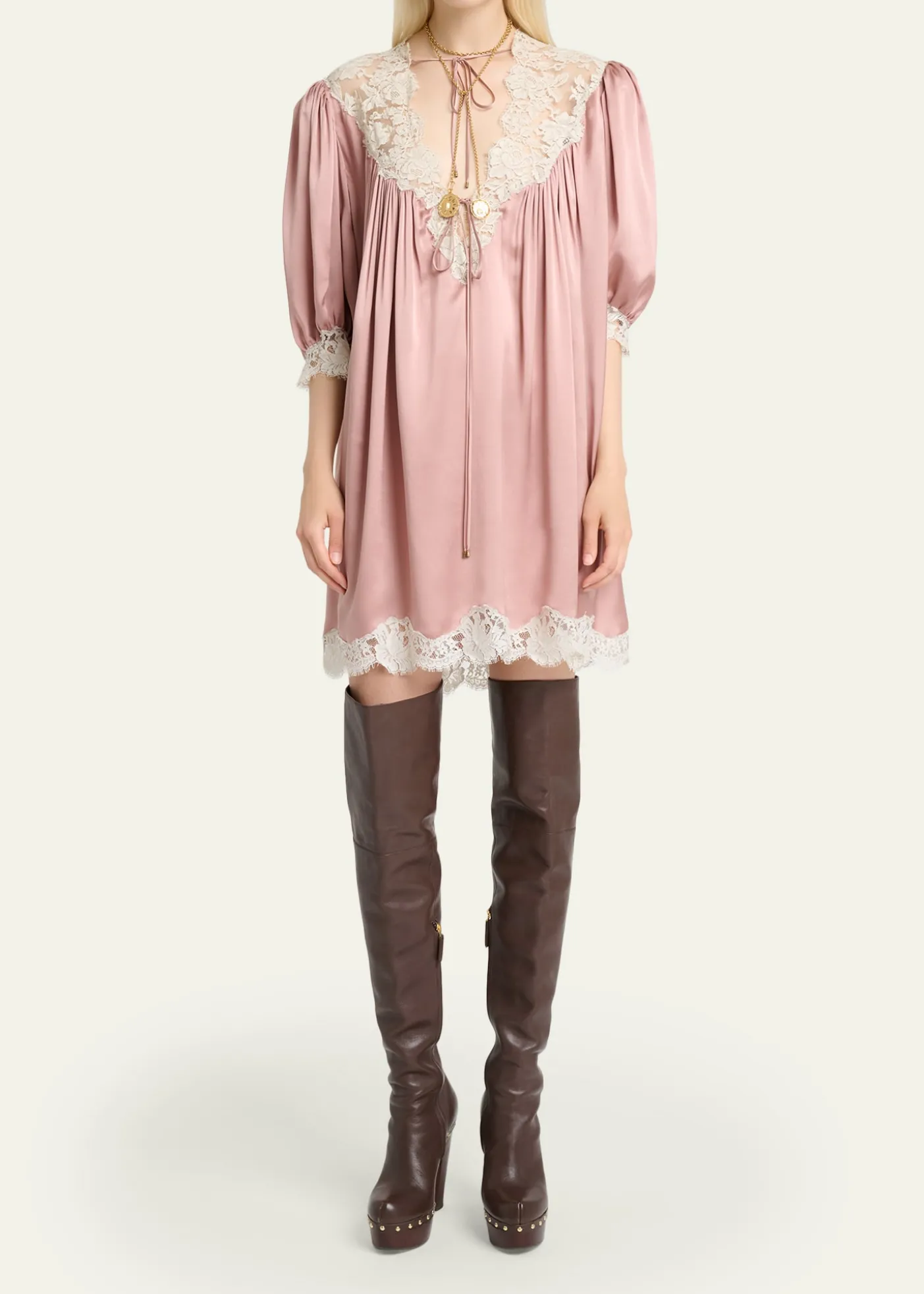 ChloeLace-Trim Short-Sleeve Satin Mini Dress