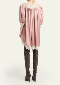 ChloeLace-Trim Short-Sleeve Satin Mini Dress