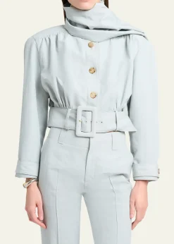 ChloeNeck-Scarf Belted Linen Crop Jacket