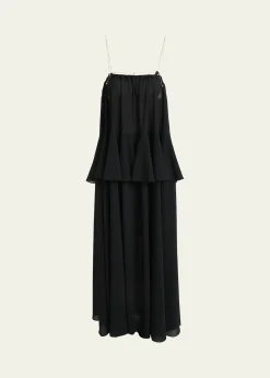 ChloePendant-Chain Tiered Organic Silk Georgette Backless Gown
