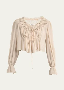ChloeRuched Lace Silk Peasant Blouse