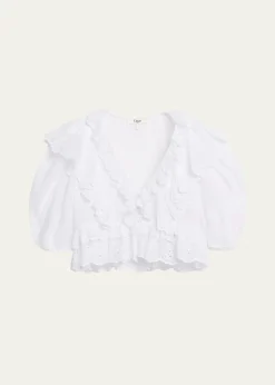 ChloeRuffled Eyelet Cotton Puff-Sleeve Crop Top