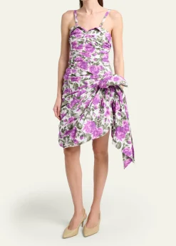 ChloeSleeveless Ruched Floral Cotton Bow Dress
