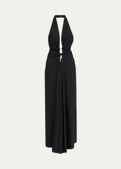 Christopher EsberCrystal Pendant Plunging Halter Maxi Dress