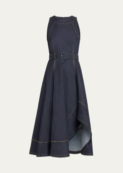 Cinq a SeptZelda Belted Asymmetric Sleeveless Denim Midi Dress