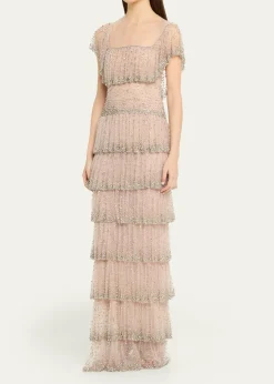 CostarellosJesenia Crystal Ruffle Square-Neck Illusion Gown