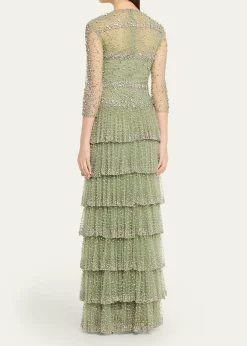 CostarellosSolene Crystal Tiered Ruffle Gown