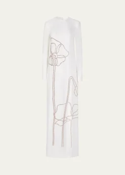 CostarellosZarie Crystal Flower Long-Sleeve Column Gown