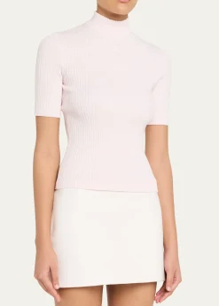 CourregesMock-Neck Short-Sleeve Rib Pullover