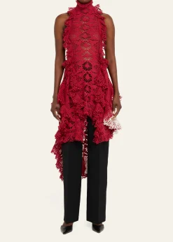 DiotimaSpade Crochet Knit Ruffle Halter Backless Mini Dress