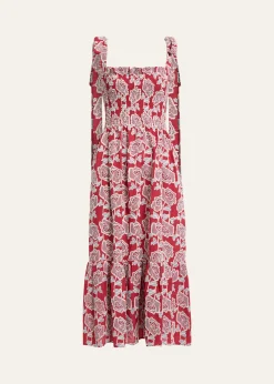 ErdemFloral Embroidered Cotton Smocked Sleeveless Midi Dress