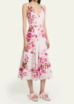 ErdemFloral Print Cotton Sleeveless V-Neck Midi Dress