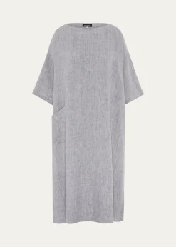 EskandarHeavyweight Delave Linen Angle-To-Front Side Seam Scoop Neck T-Shirt Dress