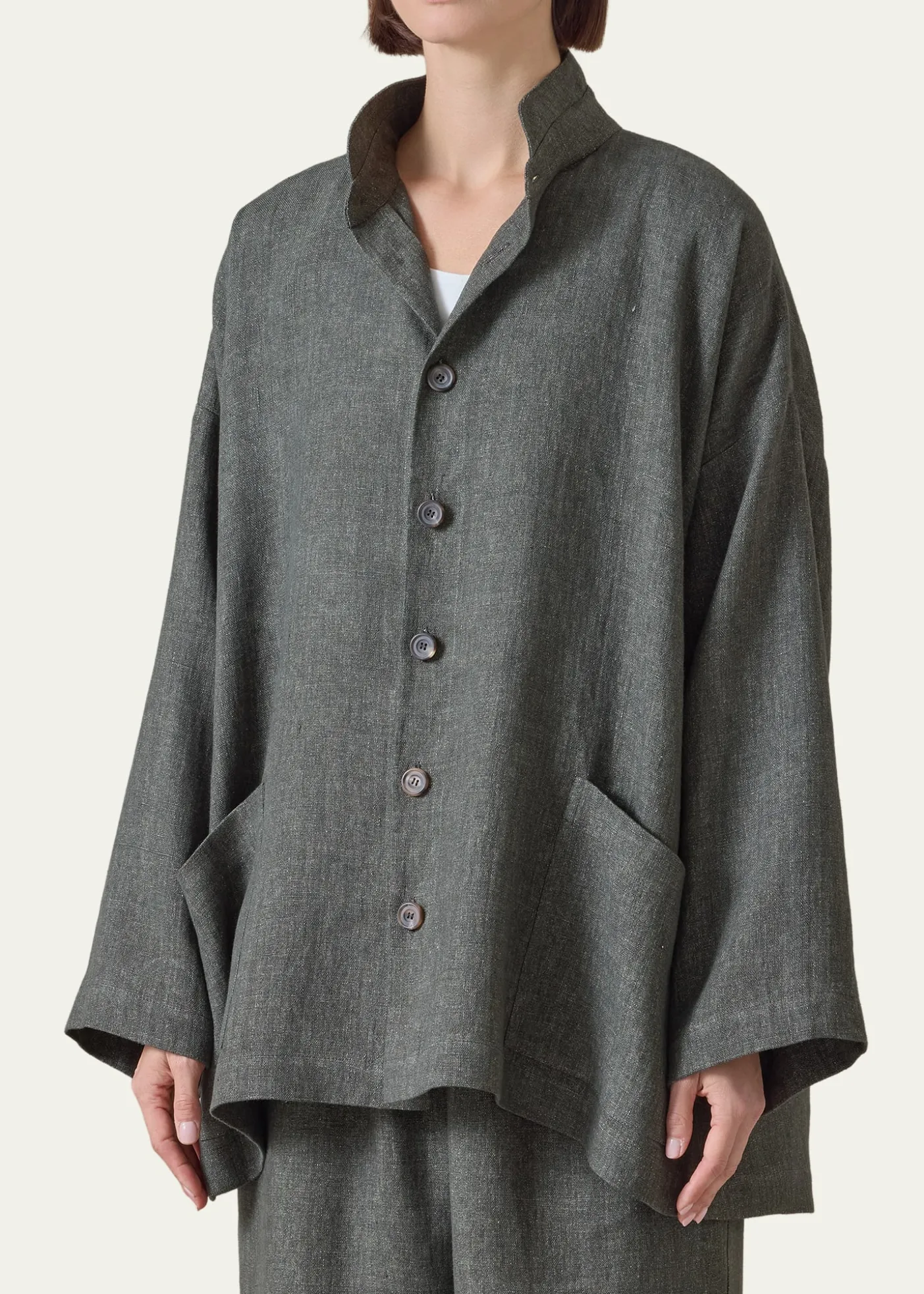 EskandarHeavyweight Delave Linen Angle-To-Front Double Stand Collar Jacket - Long Length
