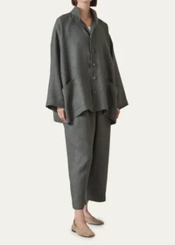 EskandarHeavyweight Delave Linen Angle-To-Front Double Stand Collar Jacket - Long Length