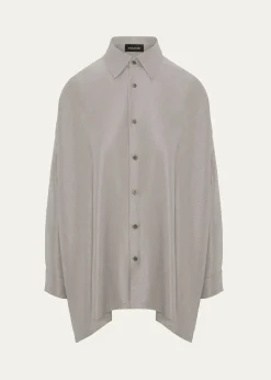 EskandarLightweight Silk Plisse Wide A-Line Shirt With Collar - Mid Plus Length