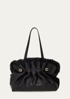 FerragamoMedium Gancio Piercing Shoulder Bag with Fur Trim
