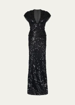 Gaurav GuptaPlunging Fringed Cap-Sleeve Column Gown