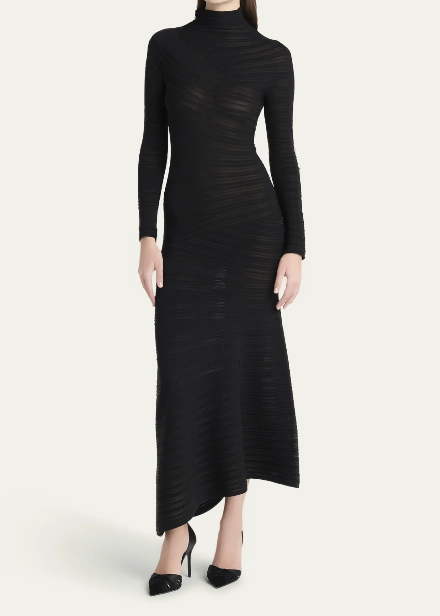 Giorgio ArmaniAsymmetric Tonal Striped Jersey Mock-Neck Midi Dress