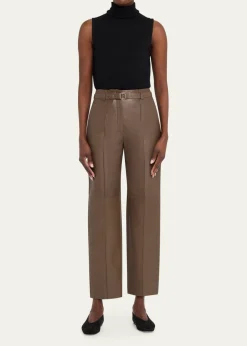 Giorgio ArmaniBelted Nappa Lambskin Straight-Leg Pants