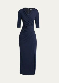 Giorgio ArmaniElbow-Sleeve Draped Slit Midi Dress