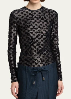 Giorgio ArmaniFloral Metallic Burnout Long-Sleeve Top