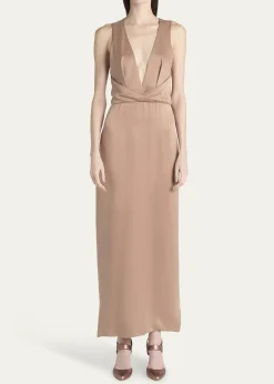 Giorgio ArmaniLong Crossover Back Slit Silk Dress