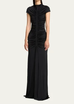 Giorgio ArmaniRuched Cap-Sleeve Rhinestone Gown
