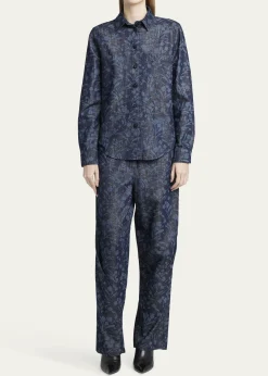 Giorgio ArmaniShiny Denim Floral Print Button-Front Shirt