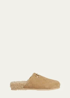 GucciHorsebit GG Suede Shearling Mules