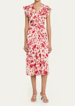 Isabel MarantLyndsay Floral Burnout Flutter-Sleeve Midi Dress