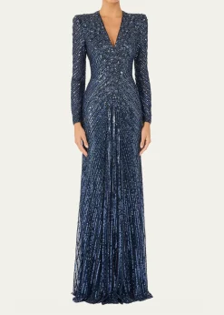 Jenny PackhamEve Embellished Strong-Shoulder Long-Sleeve Gown