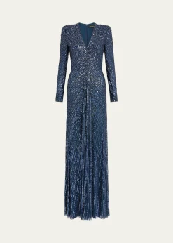Jenny PackhamEve Embellished Strong-Shoulder Long-Sleeve Gown