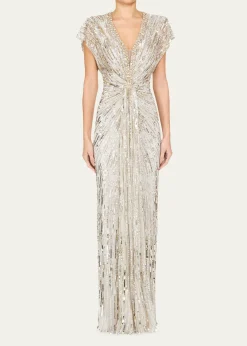 Jenny PackhamLacie V-Neck Cap-Sleeve Beaded Gown