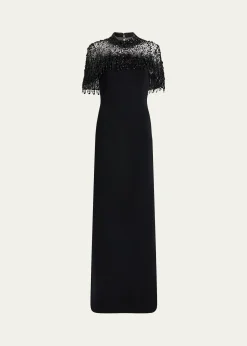 Jenny PackhamLivia Crystal Fringe Capelet Column Gown