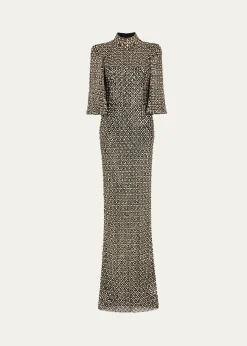 Jenny PackhamSedona 3/4-Sleeve Rhinestone Gown