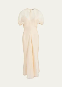 KhaiteRia Puff-Sleeve Draped Silk-Blend Maxi Dress