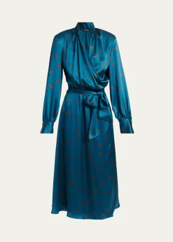 KitonStrong-Shoulder Long-Sleeve Satin Midi Wrap Dress