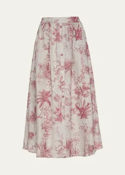 L'AgenceSeina Pleated Etoile-Print Linen Midi Skirt