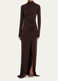 LAPOINTERuched Mock-Neck Jersey Column Gown