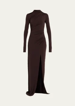 LAPOINTERuched Mock-Neck Jersey Column Gown