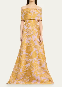 Lela RoseFloral Fil Coupe Off-The-Shoulder Gown