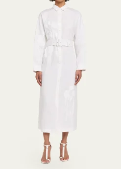 LibertineWhite On White Hand Silk Screen Belted Linen Shirtdress