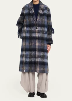 LoeweSingle-Breasted Plaid Wool Fringe Long Coat