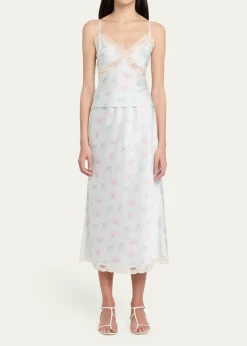 LoveShackFancyCastle Floral Satin Midi Skirt