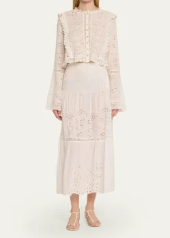 LoveShackFancyMallow Embroidered Cotton Midi Skirt