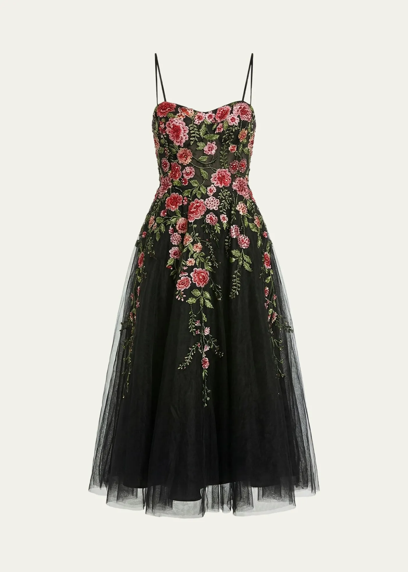 Mac DuggalFloral-Embroidered Tulle Midi Dress