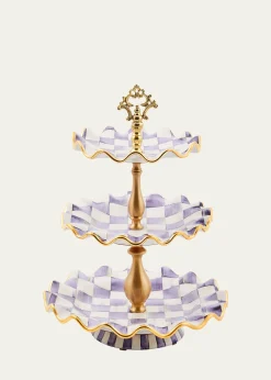 MacKenzie-ChildsViolet Check Fluted Ceramic Three-Tier Sweet Stand