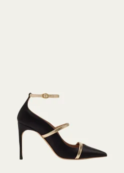 Malone Souliers90mm Diaz Satin and Metallic Leather Ankle-Strap Pumps