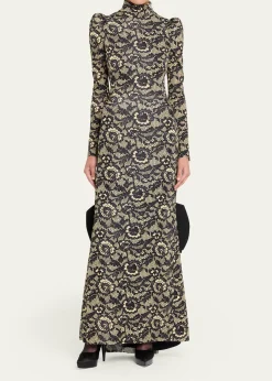 Marc Jacobs RunwayLace-Print Sculptural Long-Sleeve Bow Trumpet Gown
